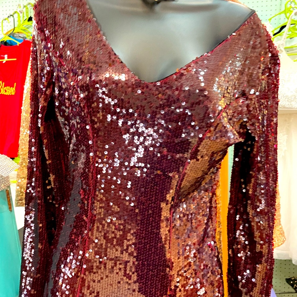 V neck…Sequin Burgundy dress with long sleeves.